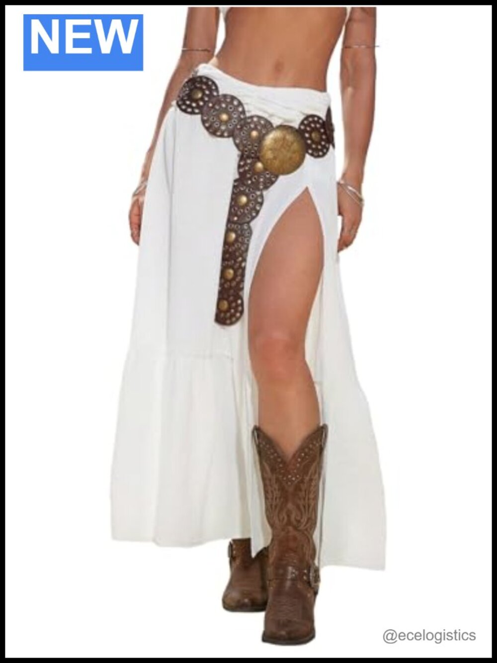 Women's High Slit Maxi Skirt Cowgirl Ruffle Hem Low Rise